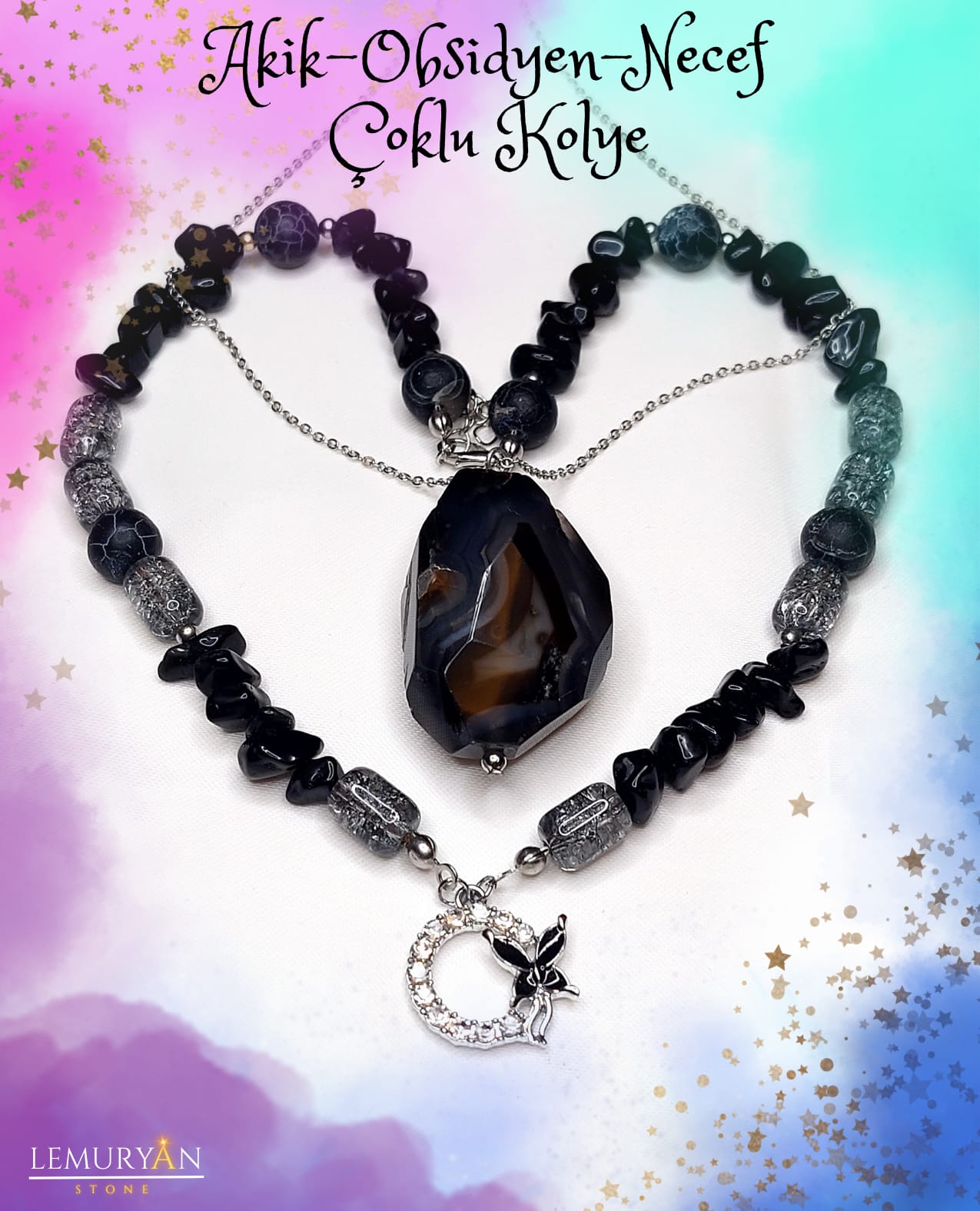 Siyah Akik - Obsidyen -Necef Çoklu Kolye  