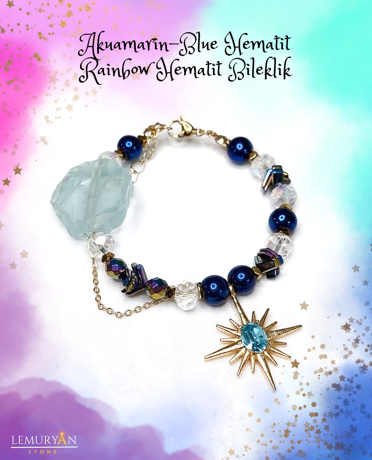 Akuamarin - Blue Hematit - Rainbow Hematit Kadın Tasarım Bileklik