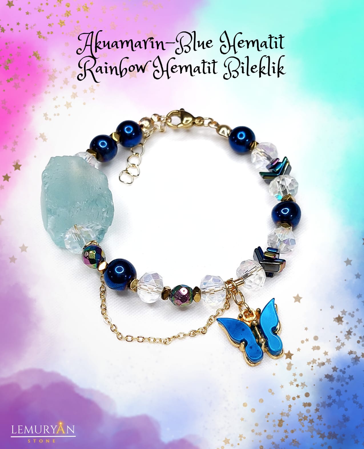 Akuamarin - Blue Hematit - Rainbow Hematit Kadın Tasarım Bileklik