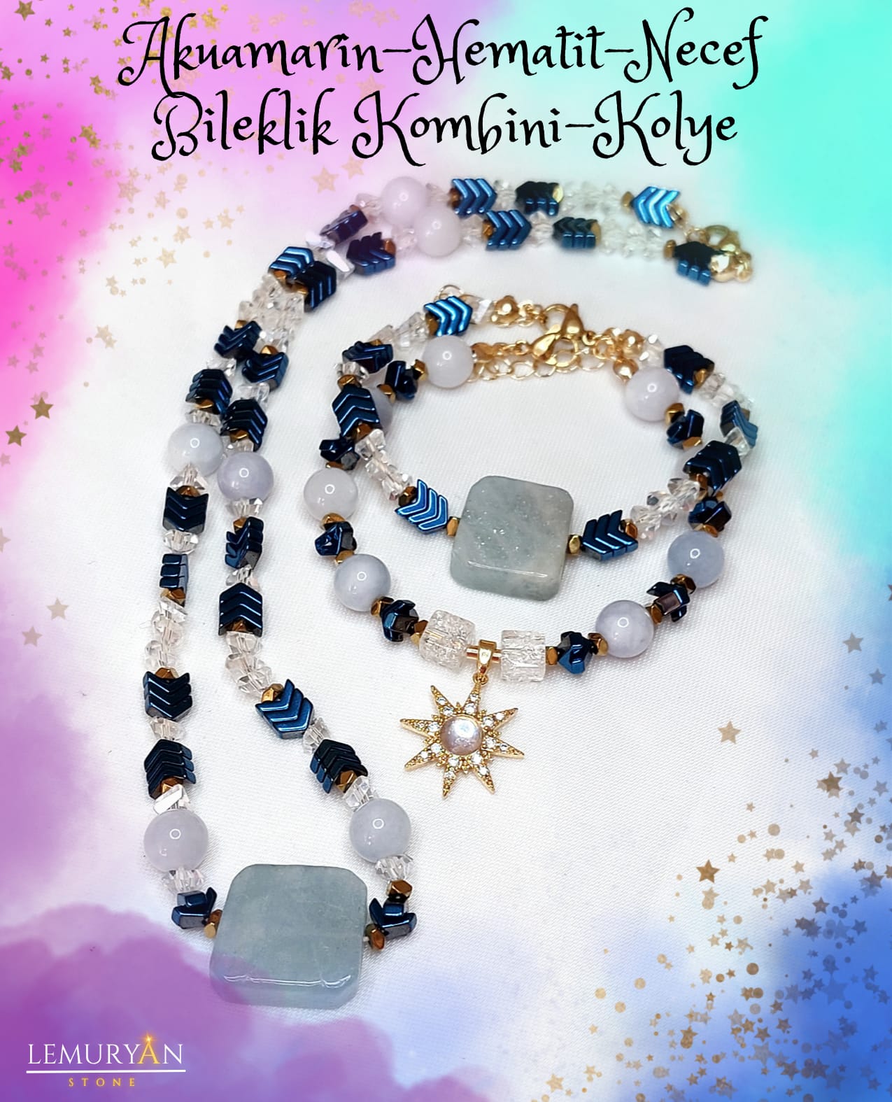 Akuamarin - Hematit - Necef Kolye & Bileklik Set