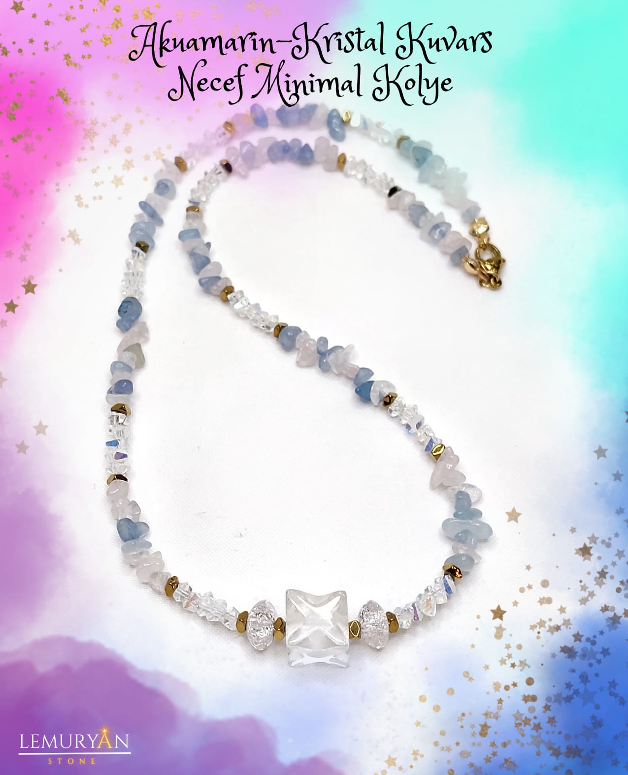 Akuamarin - Kristal Kuvars - Necef Kadın Tasarım Minimal Kolye