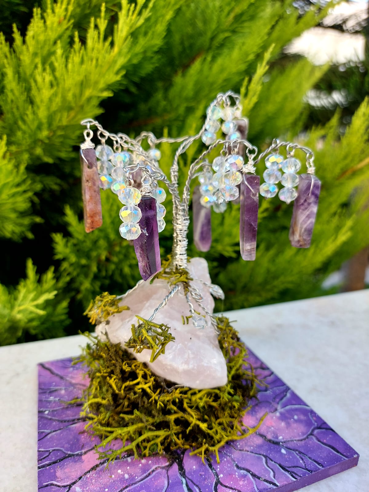 Ametist Enerji Ağacı | Tel Sarma Kristal Bonsai | Pembe Kuvars Tabanlı Doğal Taş Meditasyon Ağacı | Reiki ve Feng Shui Dekoru