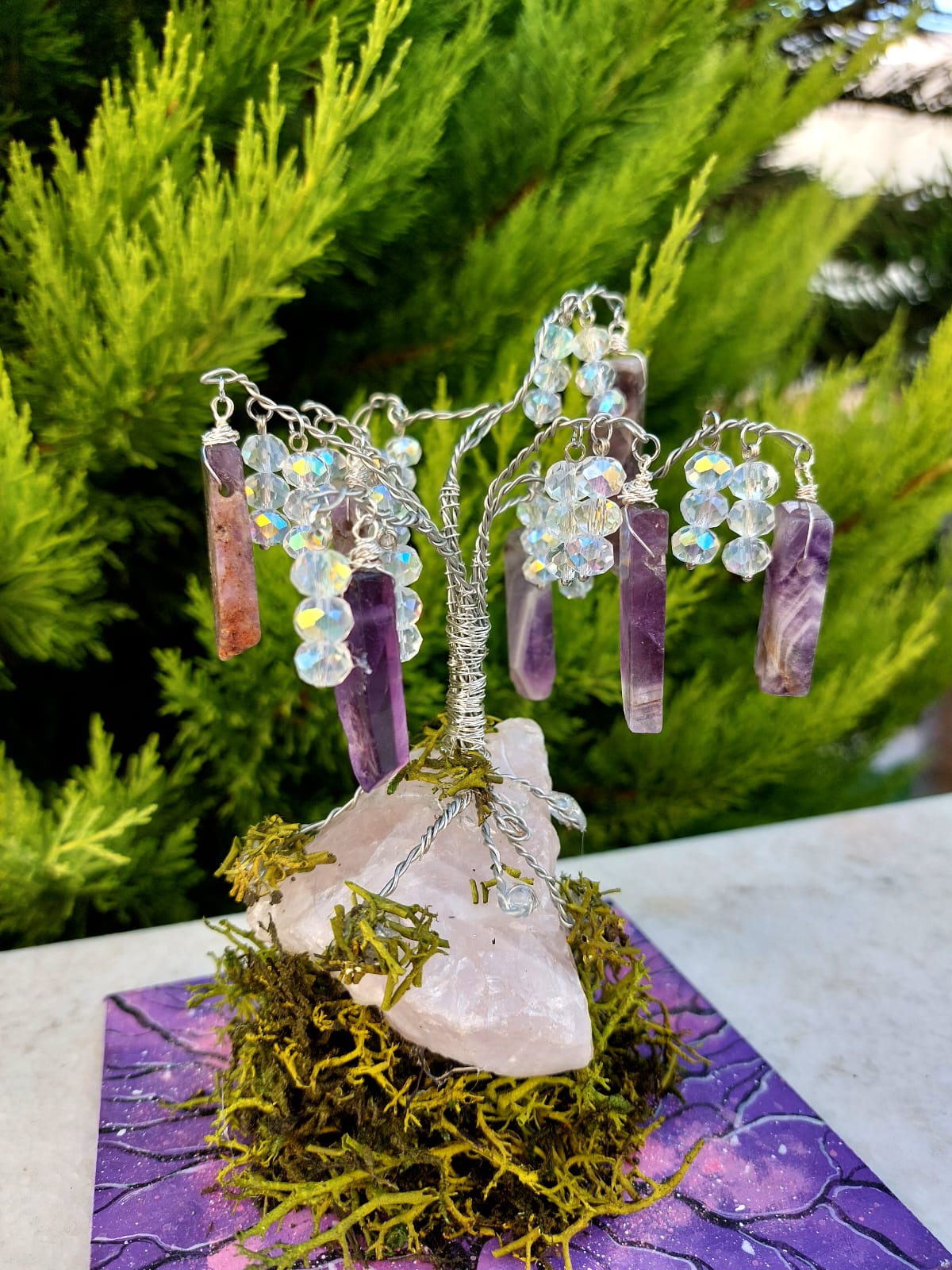 Ametist Enerji Ağacı | Tel Sarma Kristal Bonsai | Pembe Kuvars Tabanlı Doğal Taş Meditasyon Ağacı | Reiki ve Feng Shui Dekoru