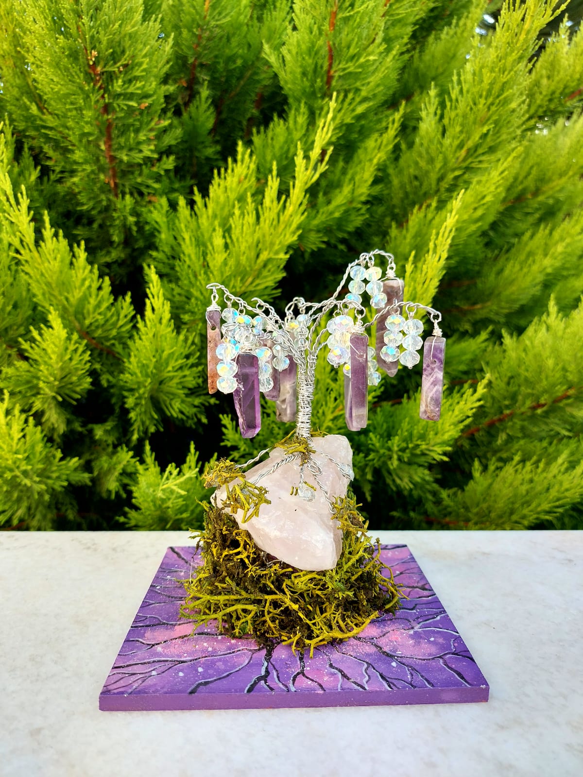 Ametist Enerji Ağacı | Tel Sarma Kristal Bonsai | Pembe Kuvars Tabanlı Doğal Taş Meditasyon Ağacı | Reiki ve Feng Shui Dekoru