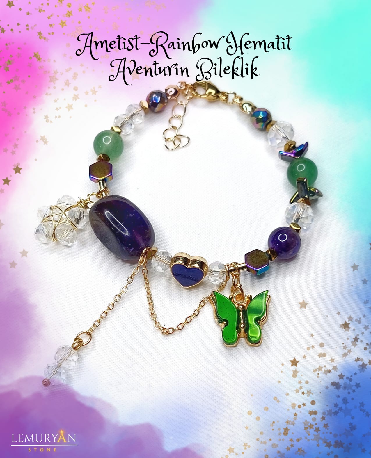 Ametist - Rainbow Hematit - Aventurin Kadın Tasarım Doğaltaş Bileklik