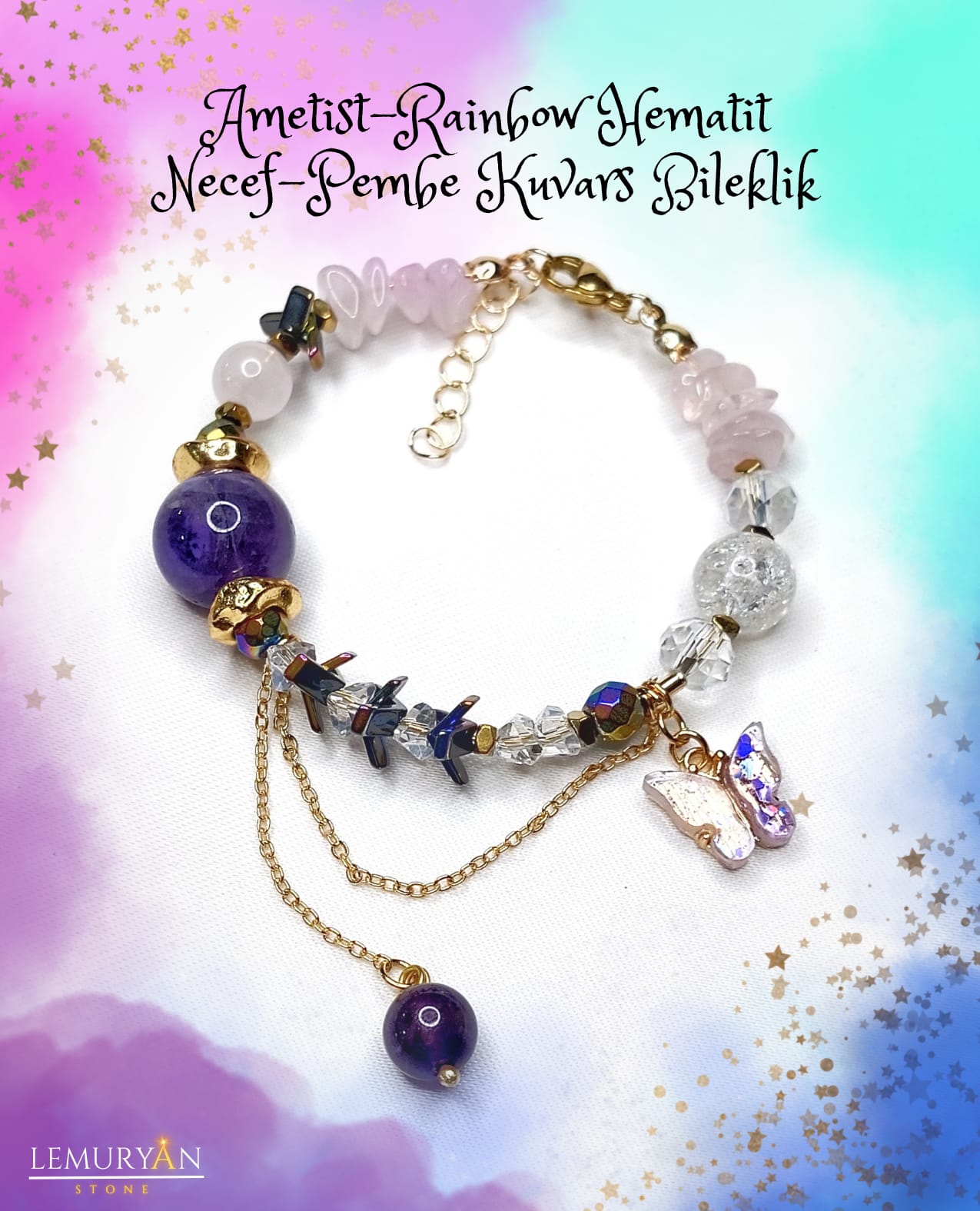 Ametist - Rainbow Hematit - Necef - Pembe Kuvars Kadın Tasarım Doğaltaş Bileklik