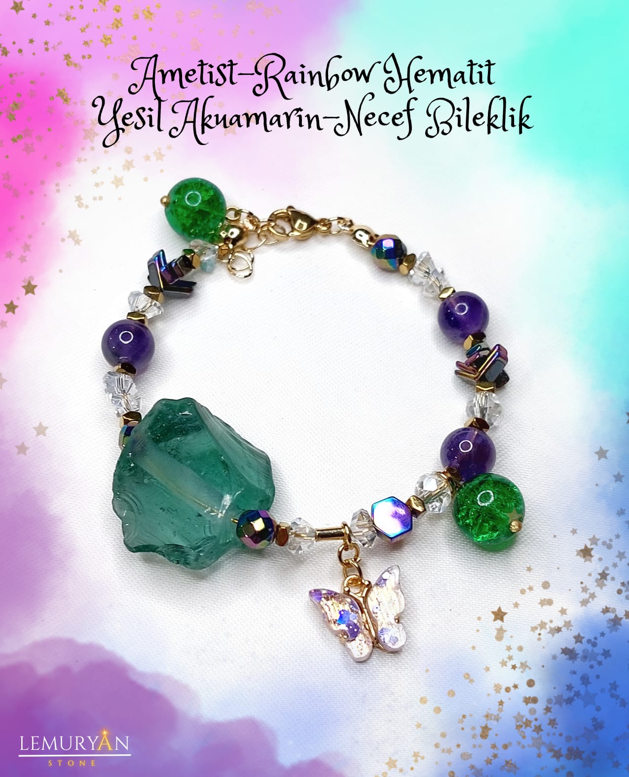 Ametist - Rainbow Hematit - Yeşil Akuamarin - Necef Kadın Tasarım Doğaltaş Bileklik
