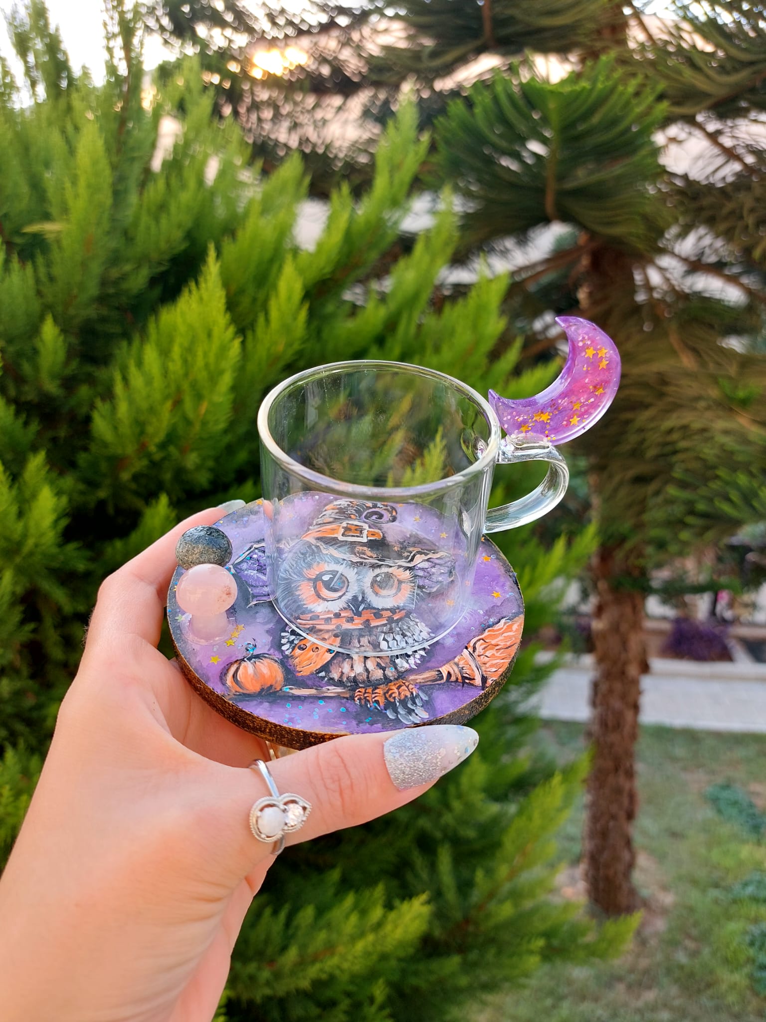 Mistik Baykuş Figürlü Pembe Kuvars & Yeşil Jasper Taşlı Kahve Fincanı