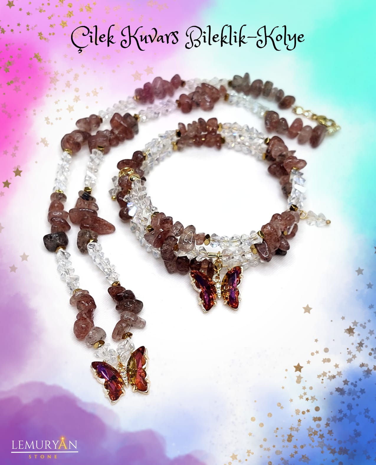 Çilek Kuvars Kadın Tasarım Kolye & Bileklik Set