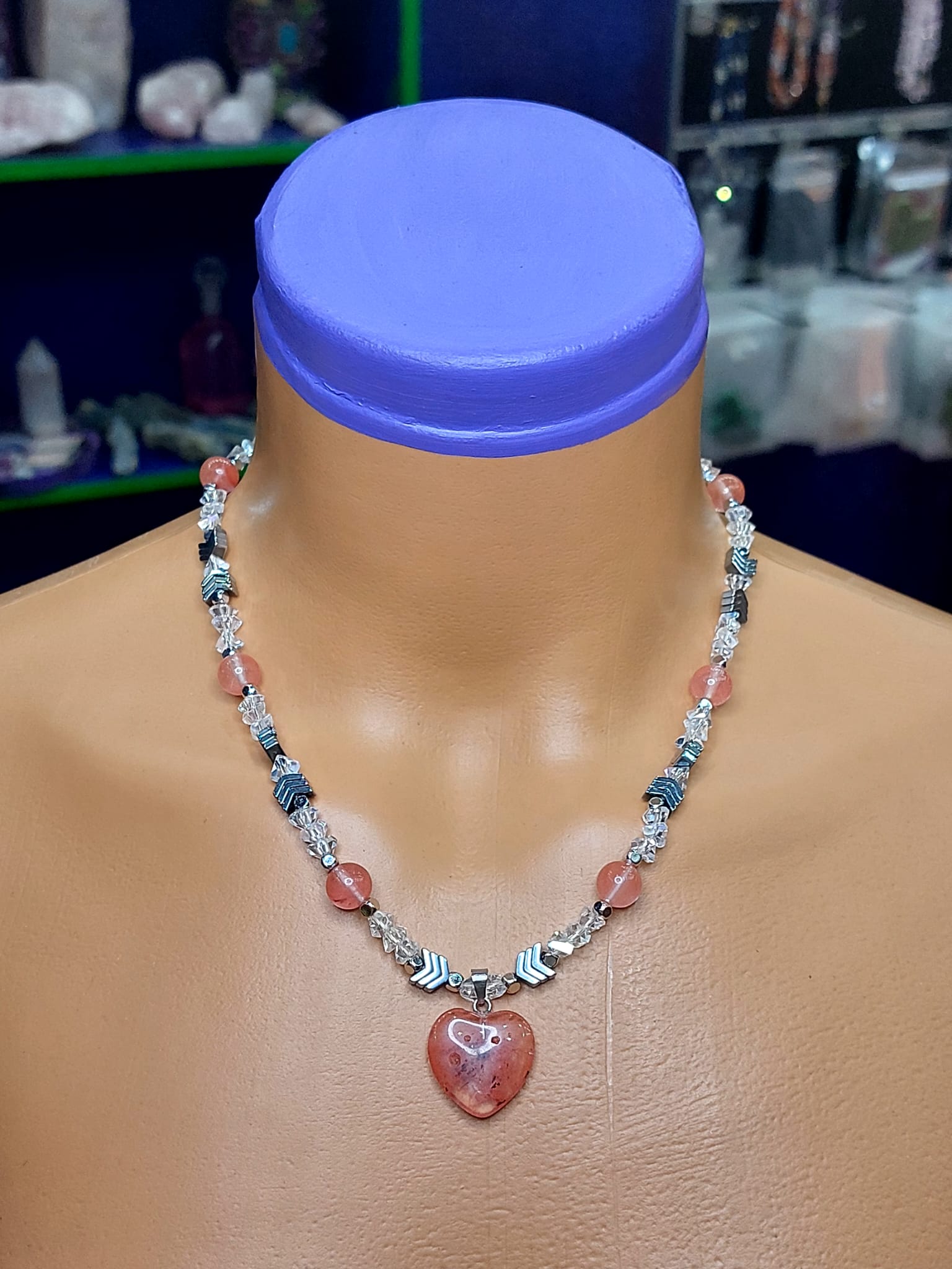 Çilek Kuvars & Hematit Kadın Tasarım Doğaltaş Kolye 