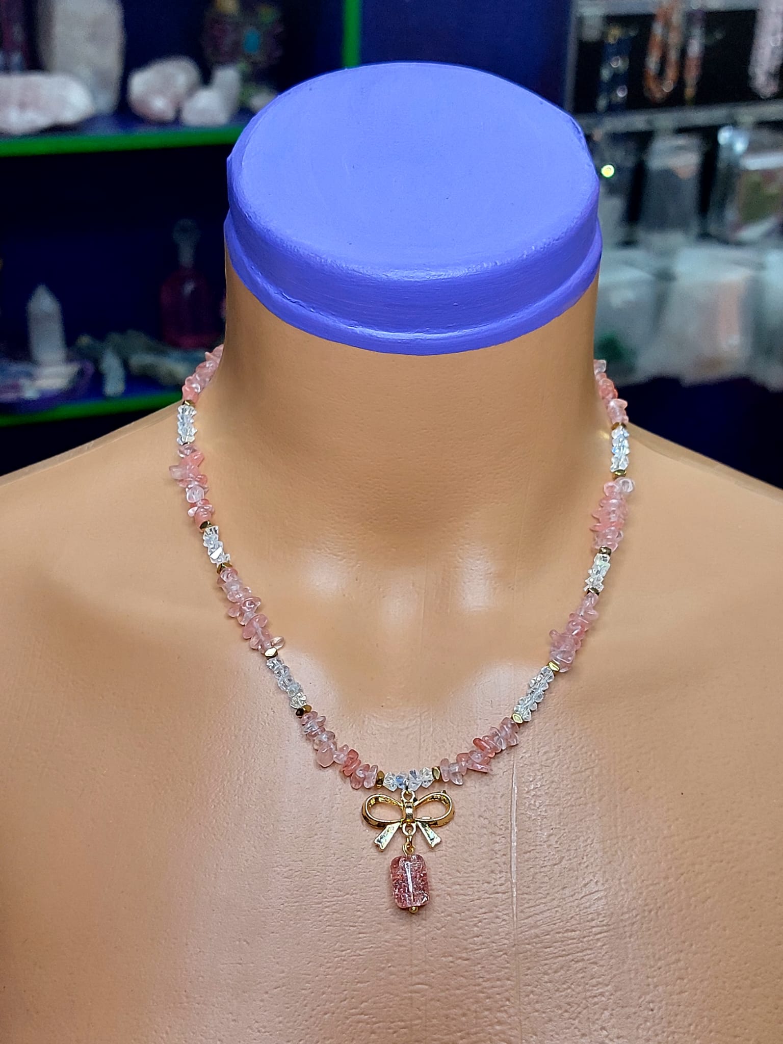 Çilek Kuvars Kadın Tasarım Doğaltaş Minimal Kolye 