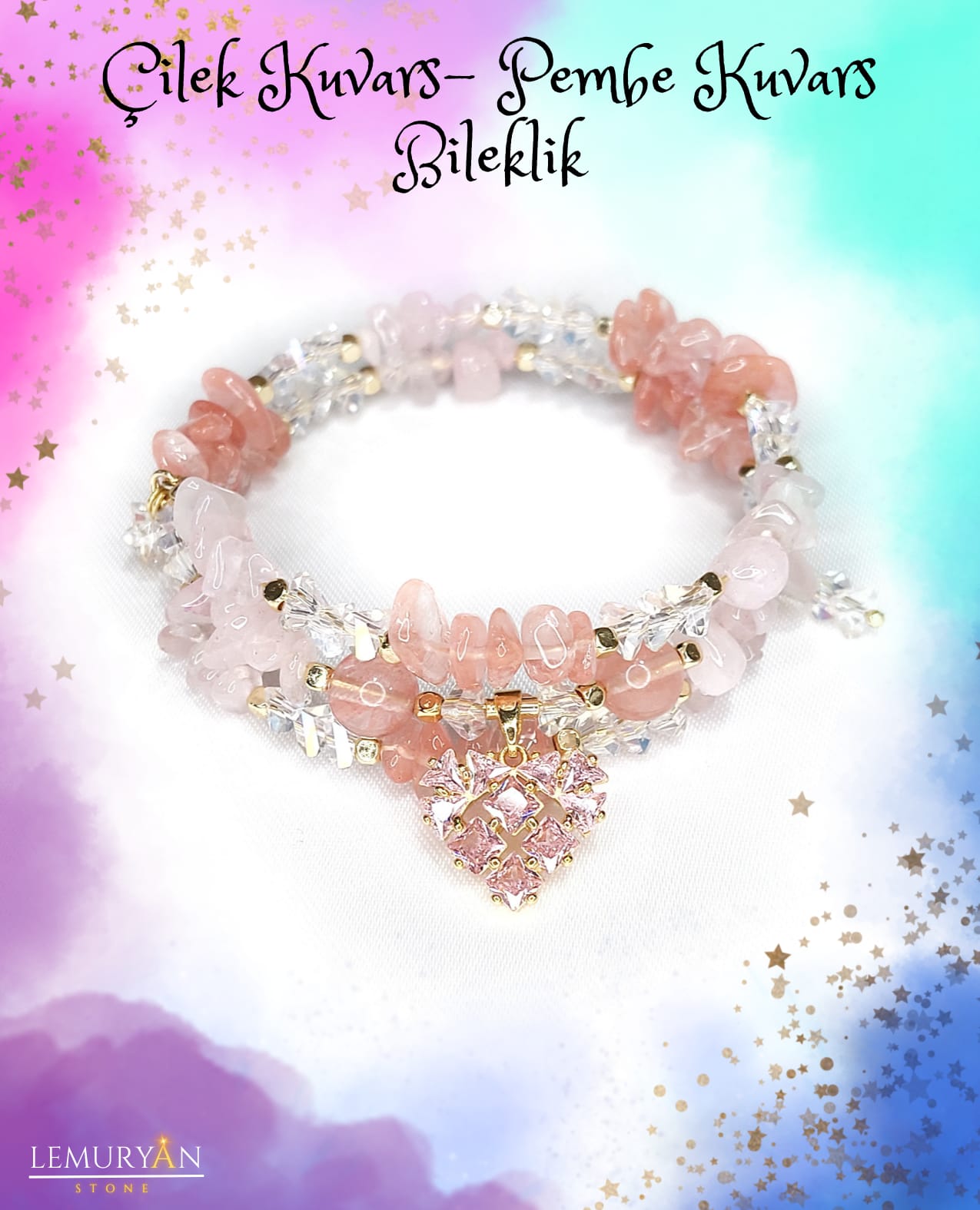 ÇilekKuvars & Pembe Kuvars Kadın Tasarım Helezon Tel Bileklik