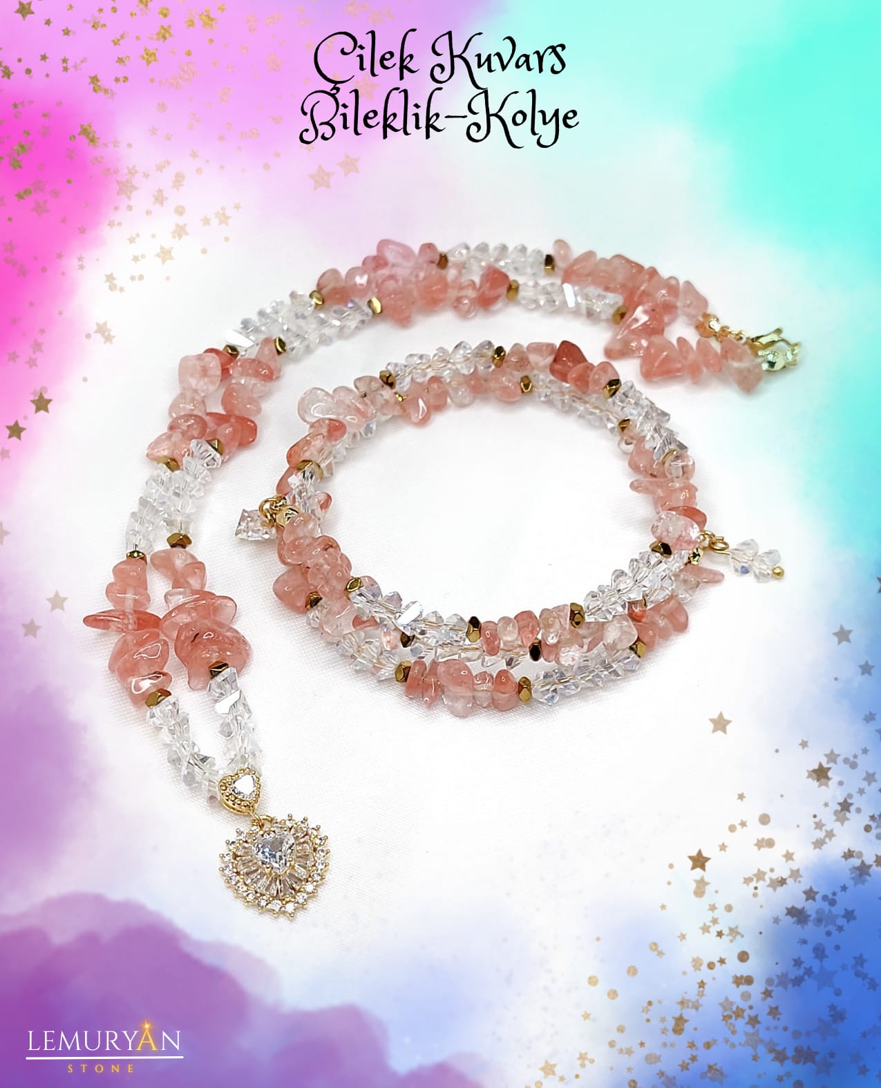 Çilek Kuvars Kadın Tasarım Kolye & Bileklik Set