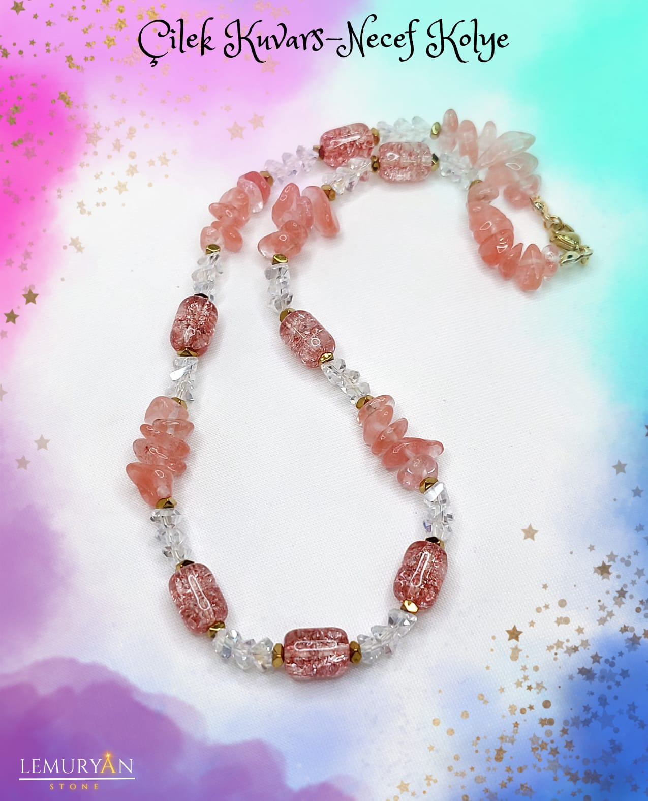 Çilek Kuvars Kadın Tasarım Doğaltaş Kolye 