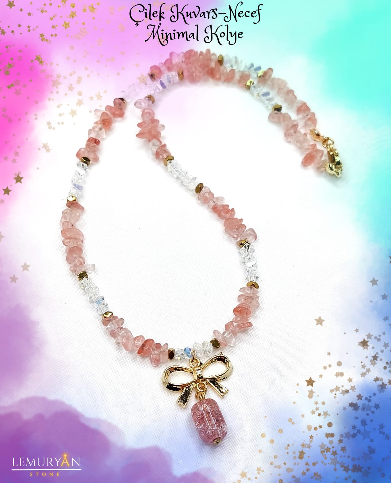 Çilek Kuvars Kadın Tasarım Doğaltaş Minimal Kolye 