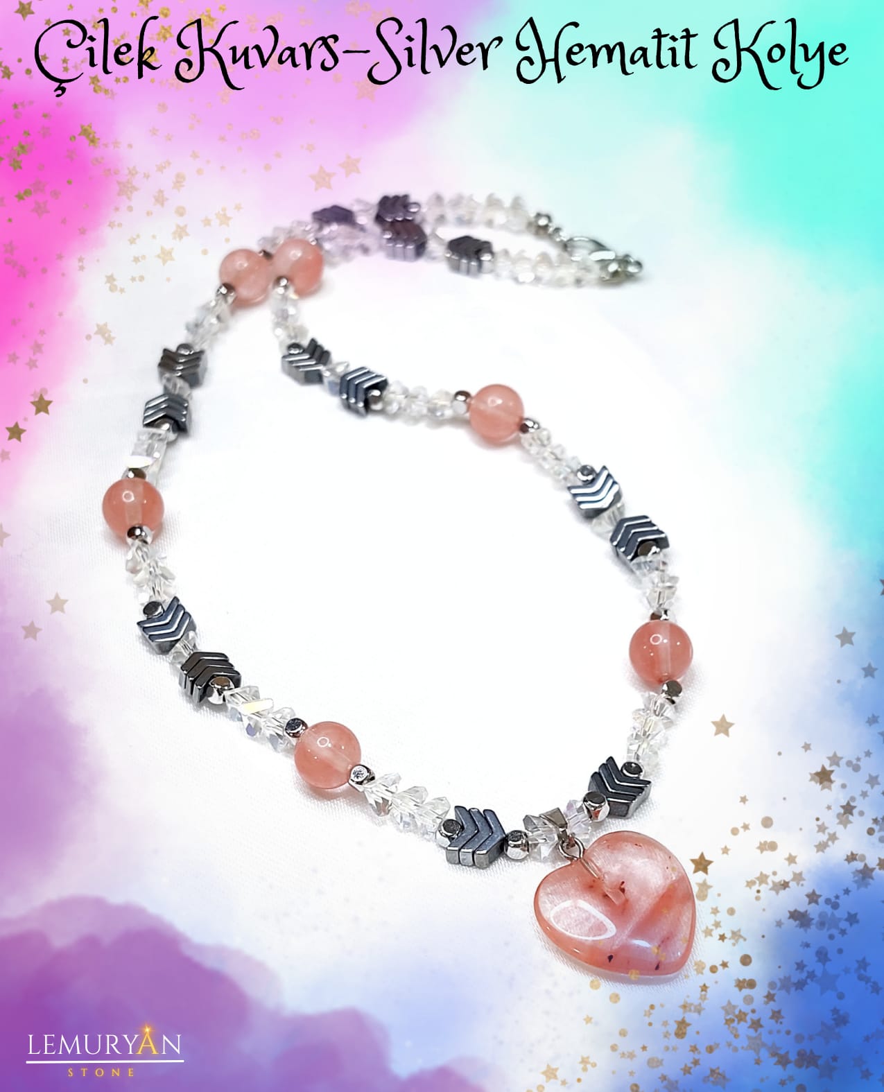 Çilek Kuvars - Silver Hematit Kadın Tasarım Kolye