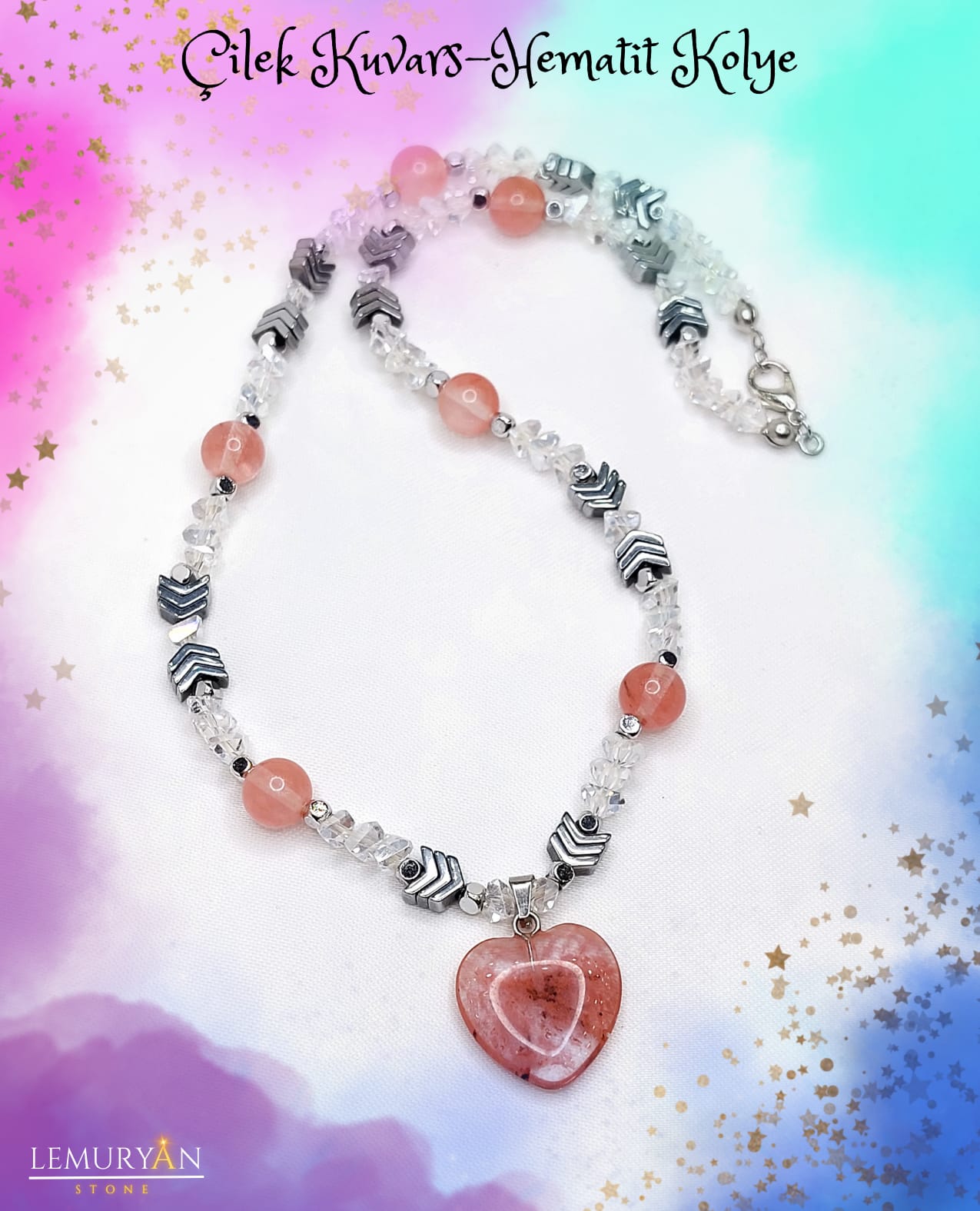 Çilek Kuvars & Hematit Kadın Tasarım Doğaltaş Kolye 