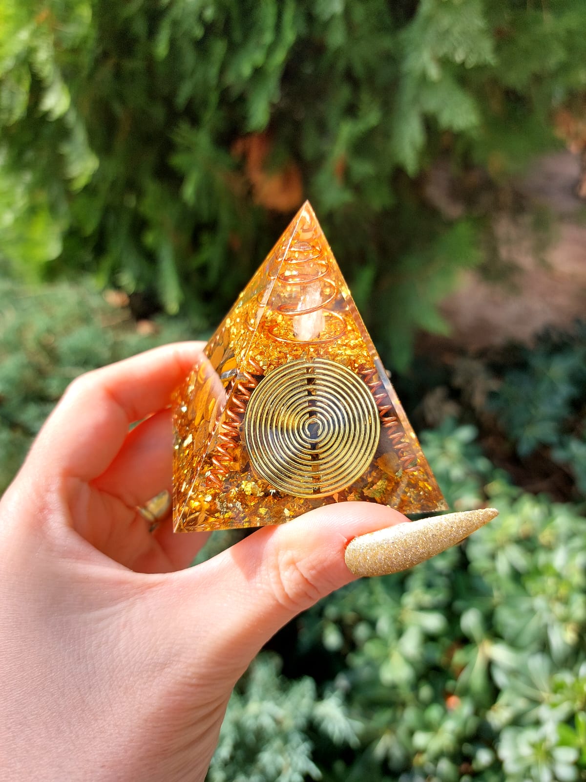 Kaplangözü & Kristal Kuvars Tesla Spirali Gold Ganslı Orgonit Piramit