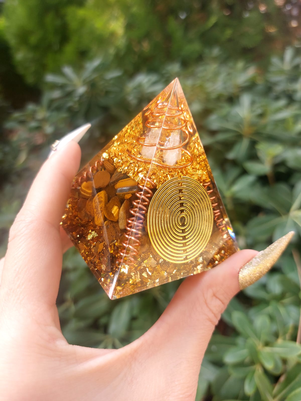 Kaplangözü & Kristal Kuvars Tesla Spirali Gold Ganslı Orgonit Piramit