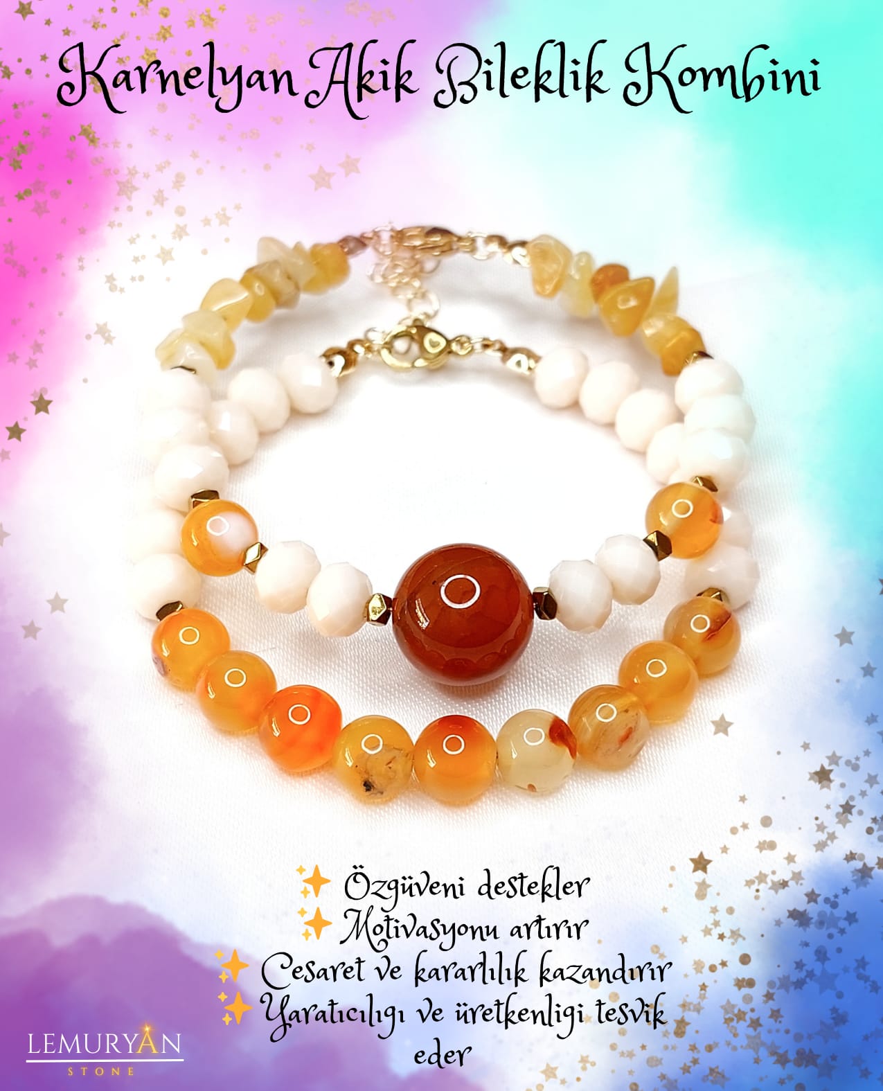 Karnelyan Akik Kadın Tasarım Doğaltaş Bileklik Kombini