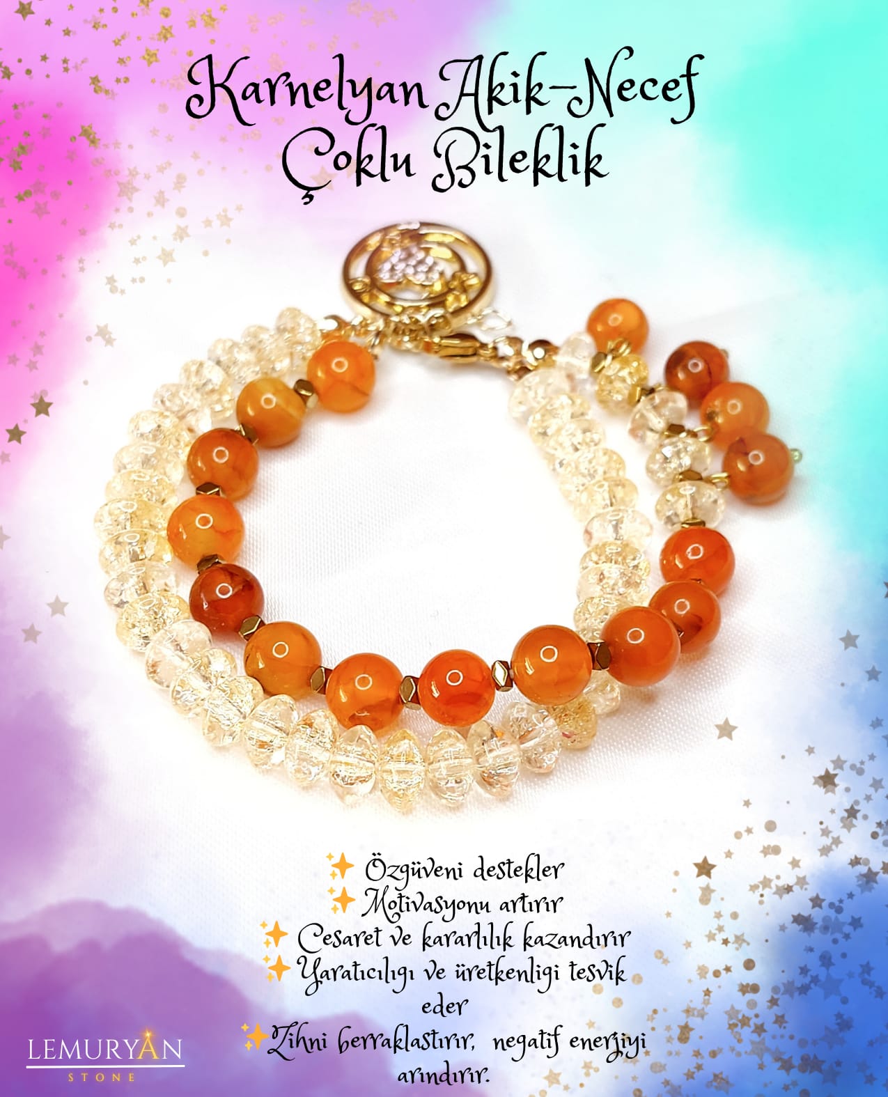 Karnelyan Akik & Necef Taşı Kadın Tasarım Doğaltaş Çoklu Bileklik