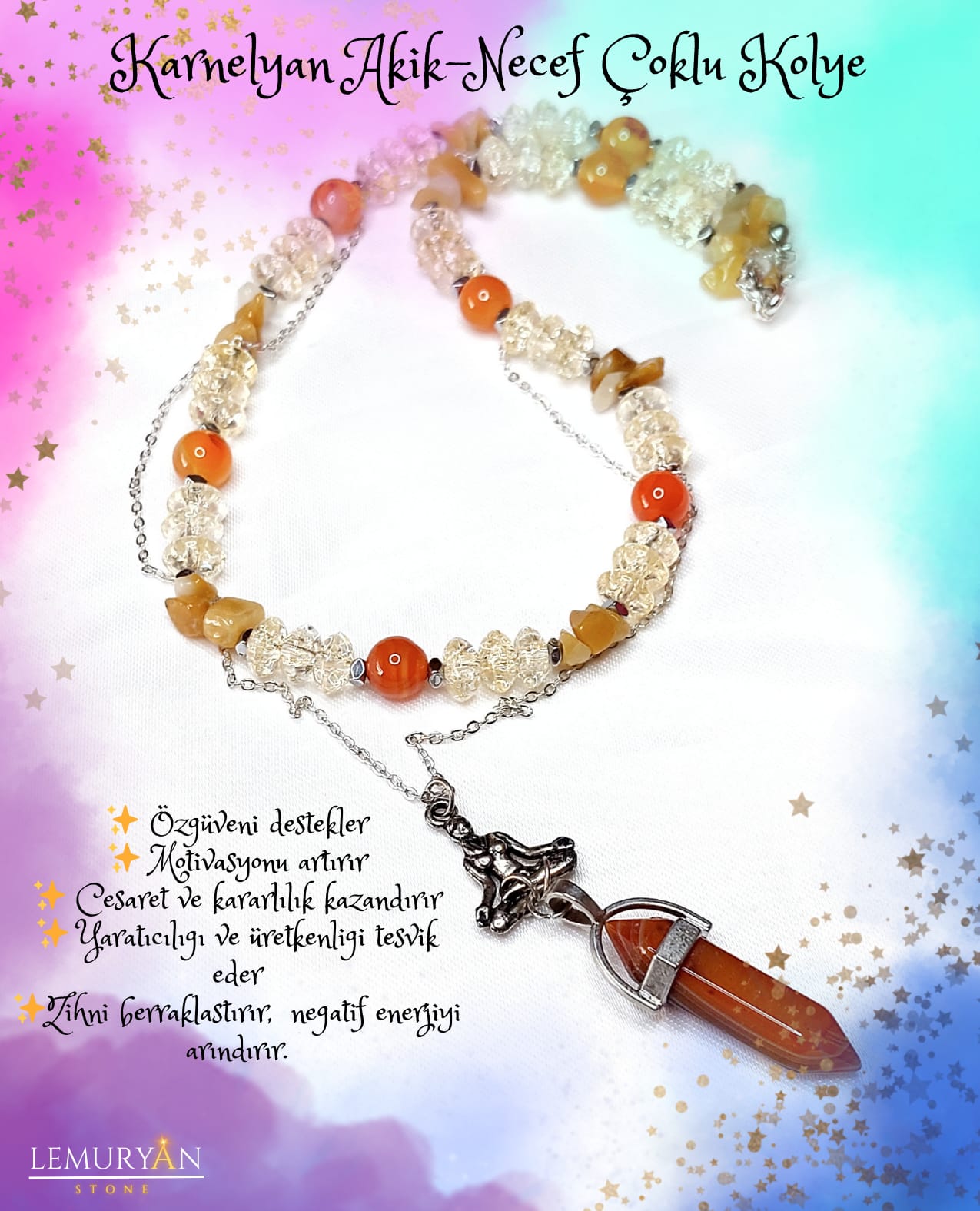 Karnelyan Akik & Necef Taşı Kadın Tasarım Doğaltaş Çoklu Kolye