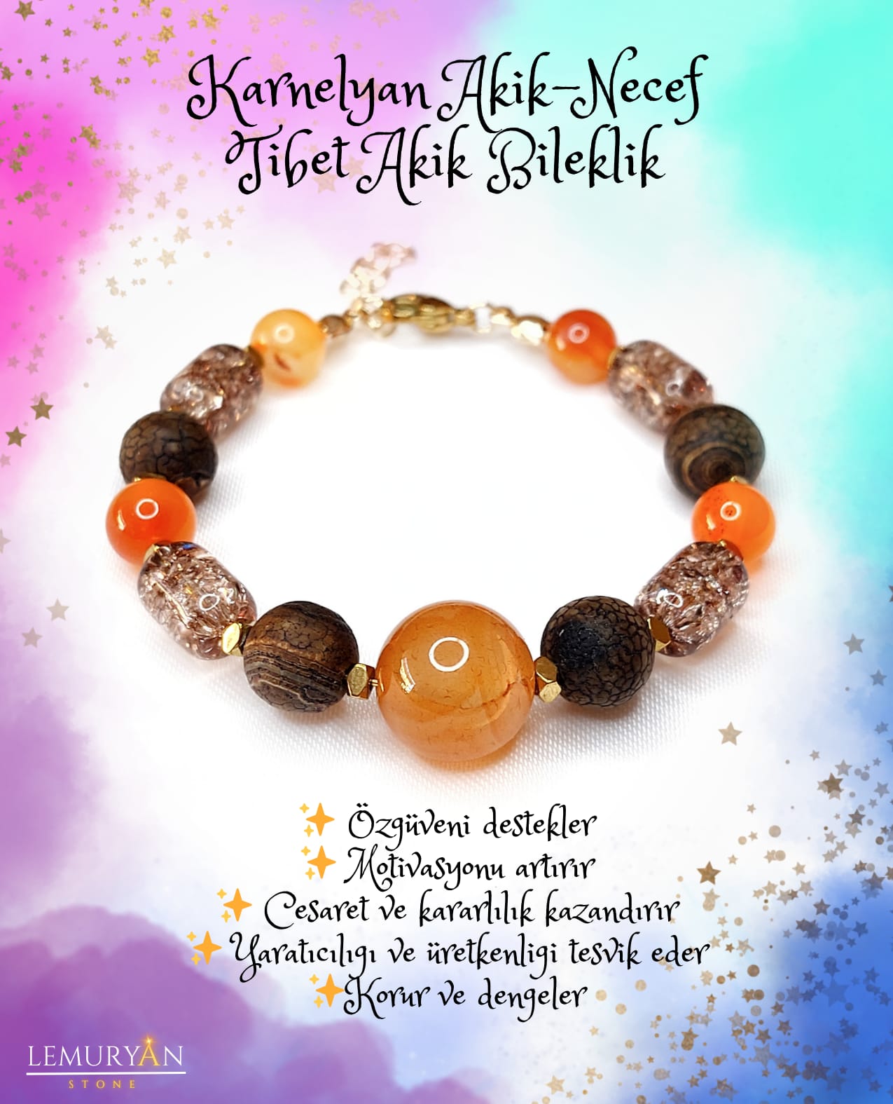 Karnelyan Akik - Tibet Akik - Necef Taşı Kadın Tasarım Doğaltaş Bileklik