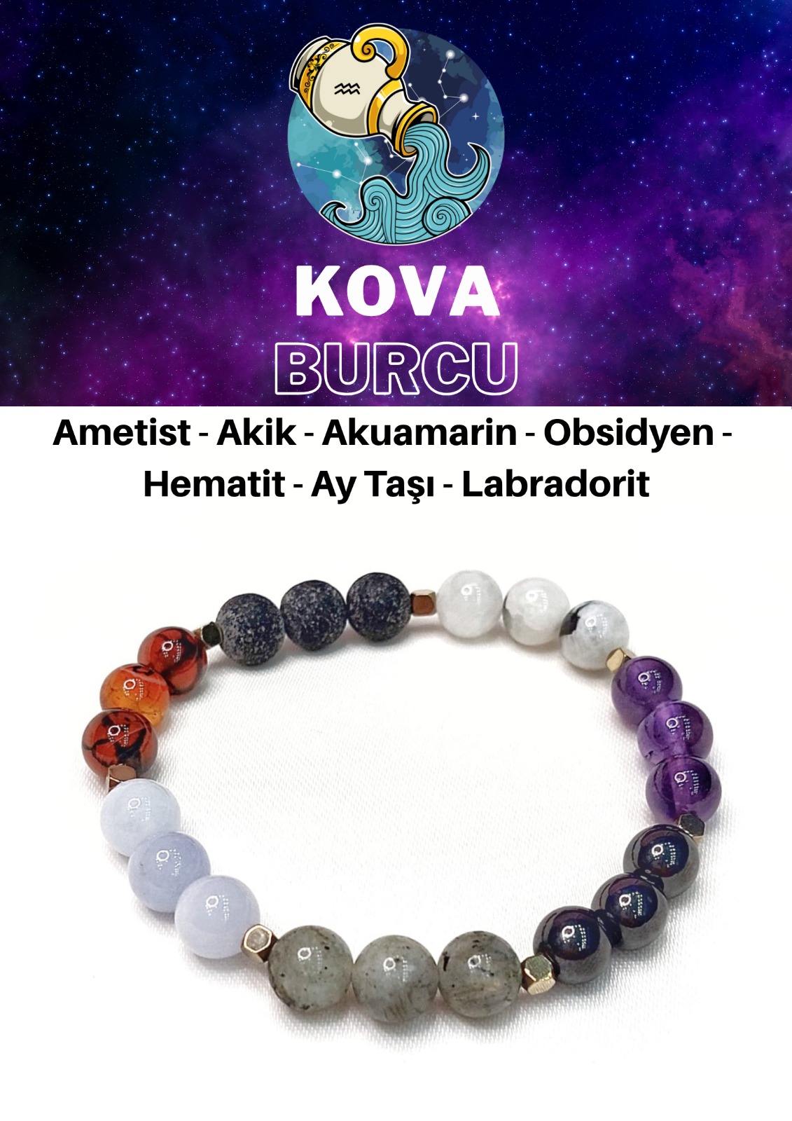Kova Burcu Elastik Misinalı Unisex Bileklik 