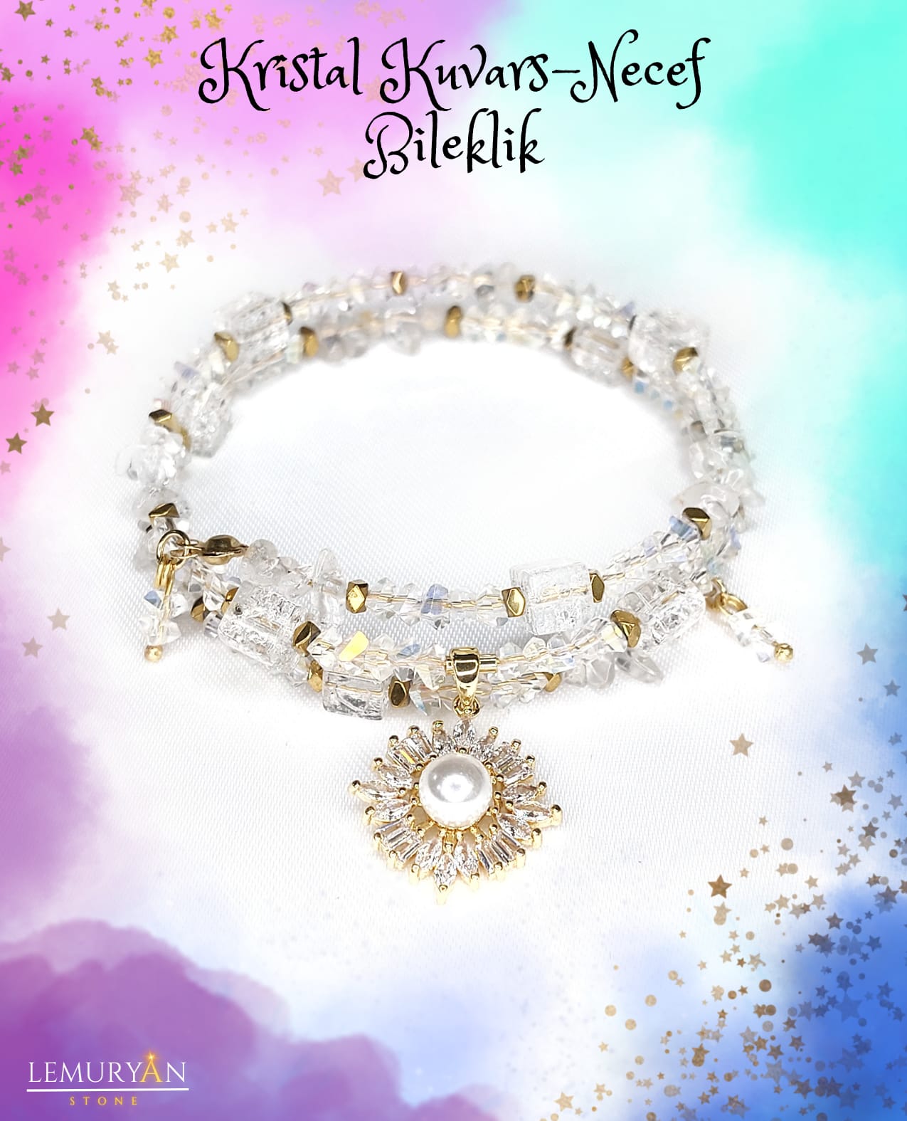 Kristal Kuvars & Necef Taşı Kadın Tasarım Helezon Tel Bileklik