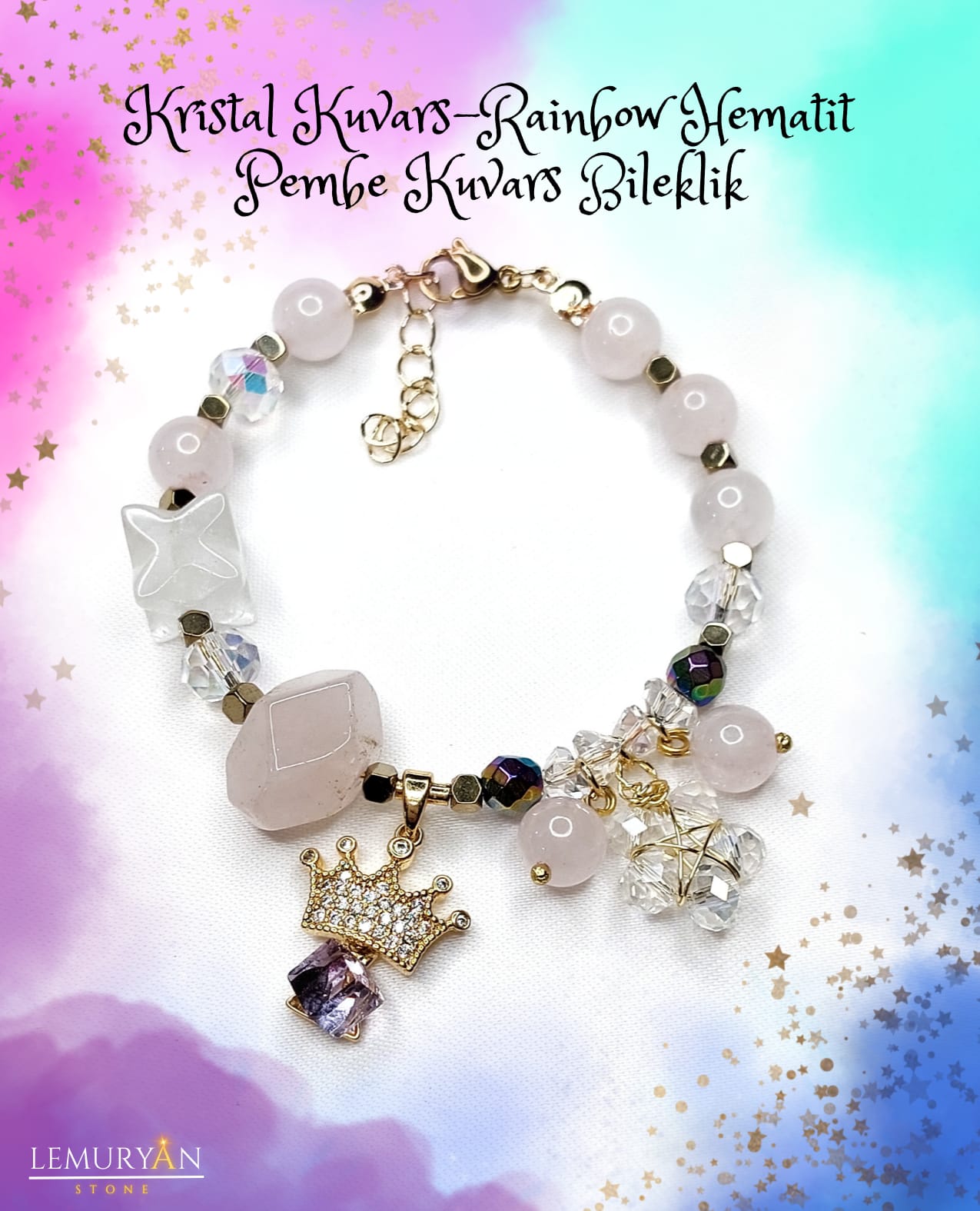 Kristal Kuvars- Rainbow Hematit - Pembe Kuvars Kadın Tasarım Doğaltaş Bileklik