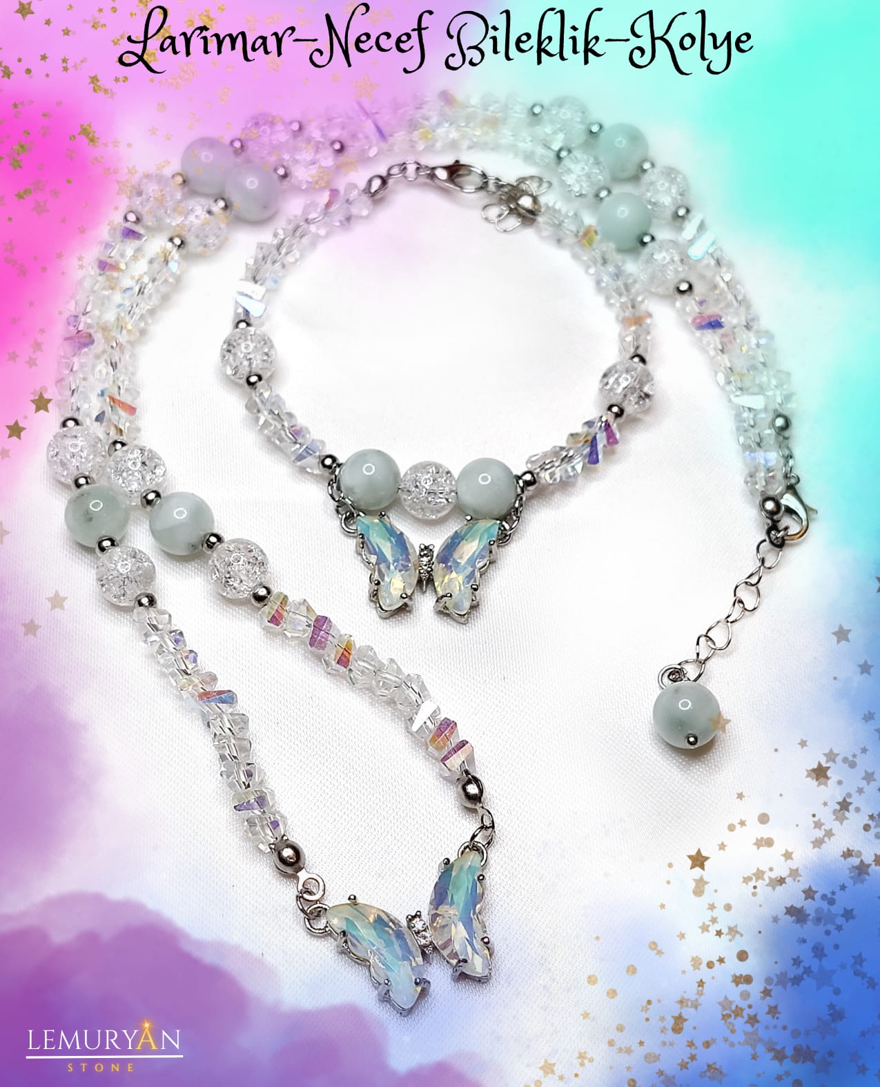 Larimar & Necef Doğal Taşlı Tasarım Kolye ve Bileklik Seti