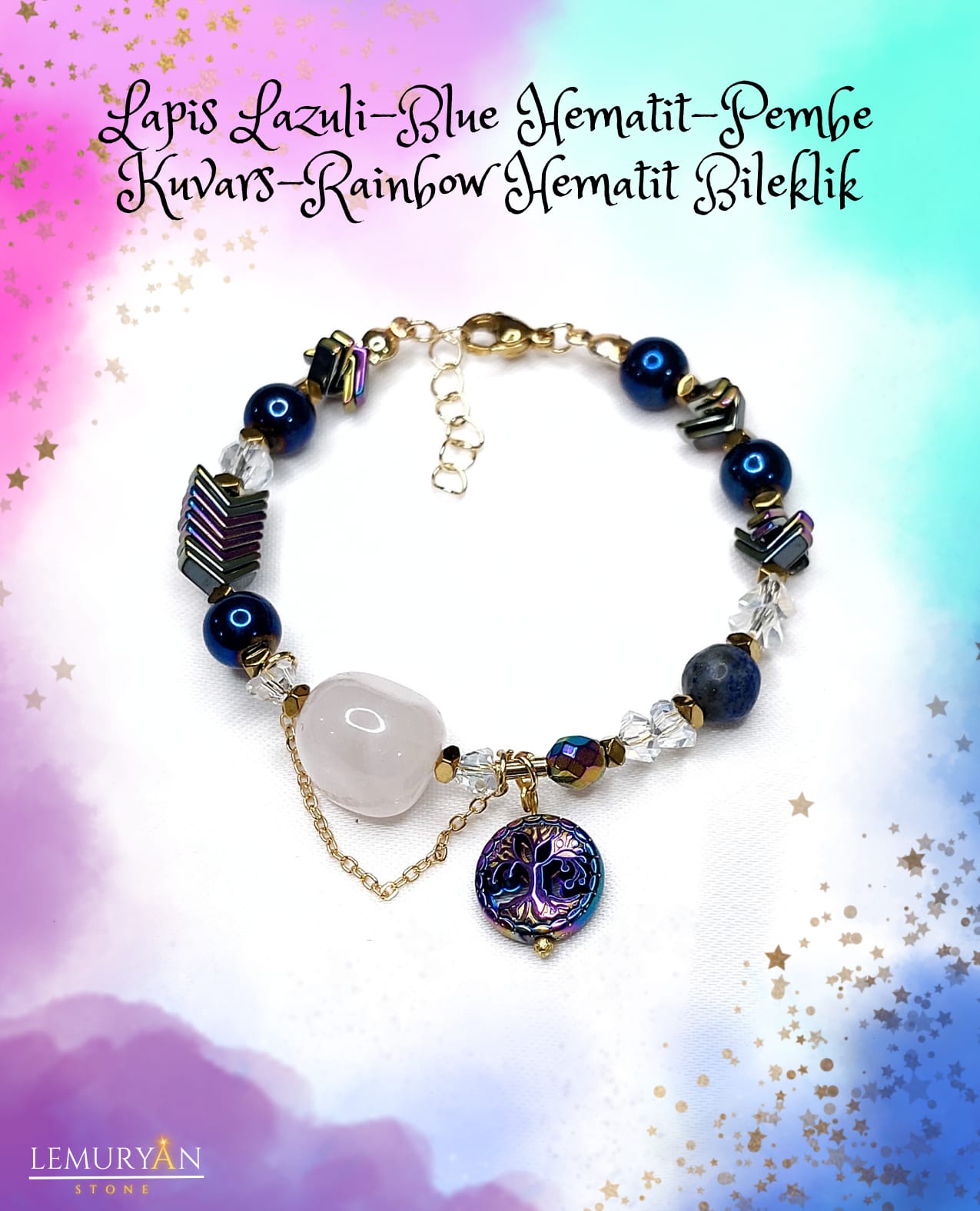 Lapis Lazuli -Blue Hematit - Pembe Kuvars - Rainbow Hematit Kadın Tasarım Doğaltaş Bileklik