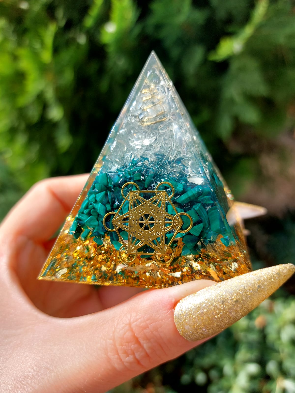 Malakit & Kristal Kuvars Beyaz Ganslı Sri Yantra Orgonit Piramit