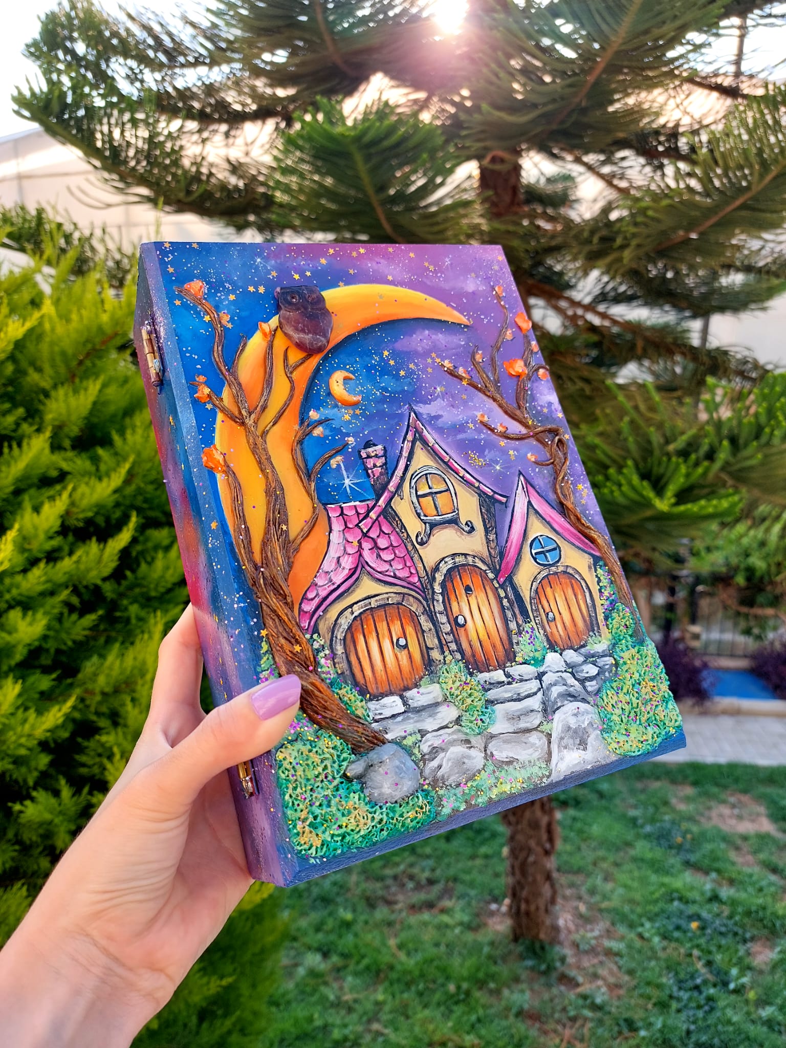 Masalsı Florit Baykuşlu Ay Temalı El Yapımı Kutu – Fantastik Peri Evi Kutusu