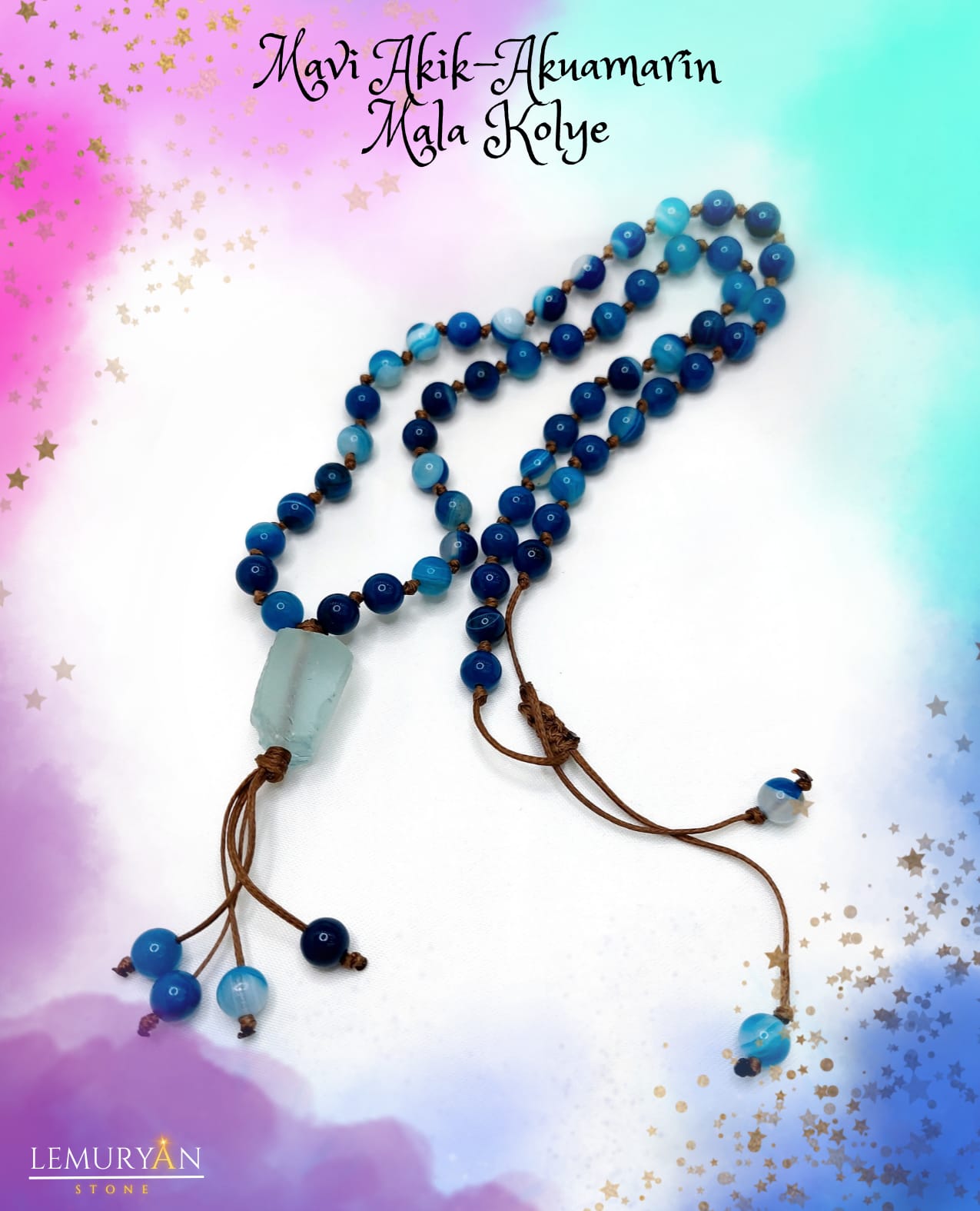 Mavi Akik & Akuamarin Unisex Doğaltaş Mala Kolye 