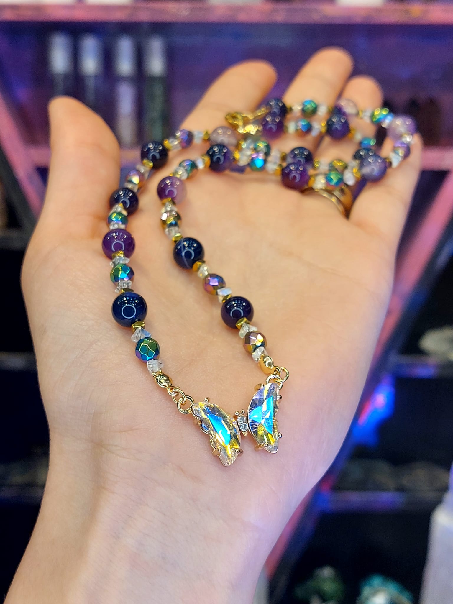 Mor Akik & Rainbow Hematit Kadın Tasarım Doğaltaş Kolye