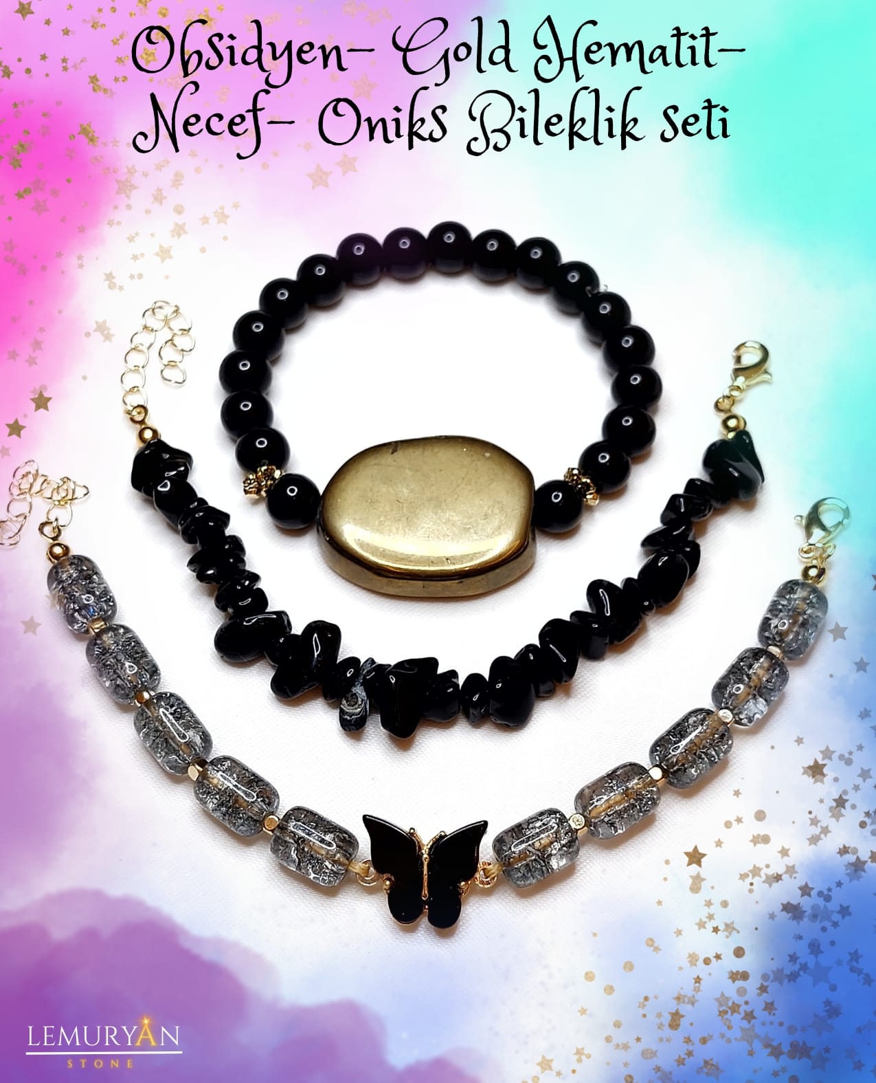 Obsidyen - Gold Hematit - Necef - Oniks 3’lü Kadın Çoklu Bileklik Seti