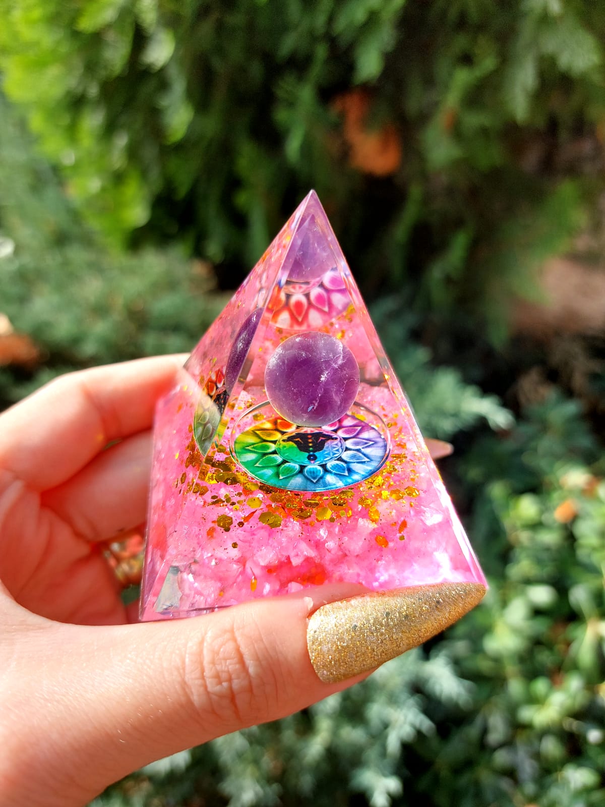 Pembe Kuvars & Ametist Flower Of Life Orgonit Piramit