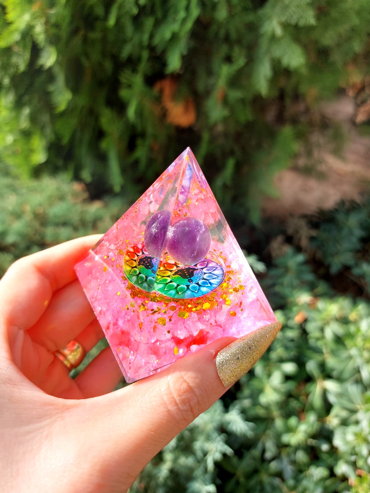 Pembe Kuvars & Ametist Flower Of Life Orgonit Piramit