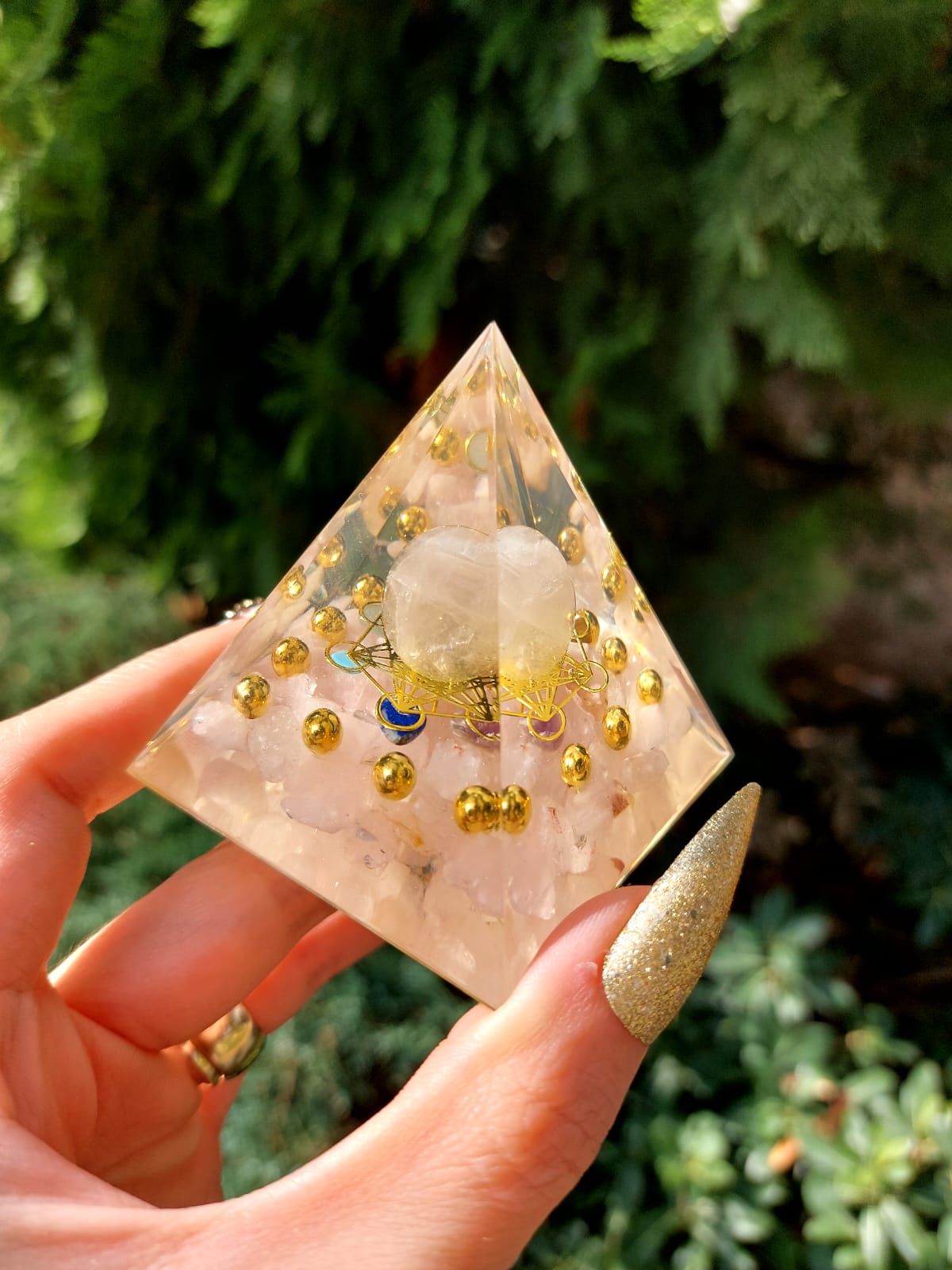 Pembe Kuvars & Kristal Kuvars 7 Çakra Sri Yantra Orgonit Piramit