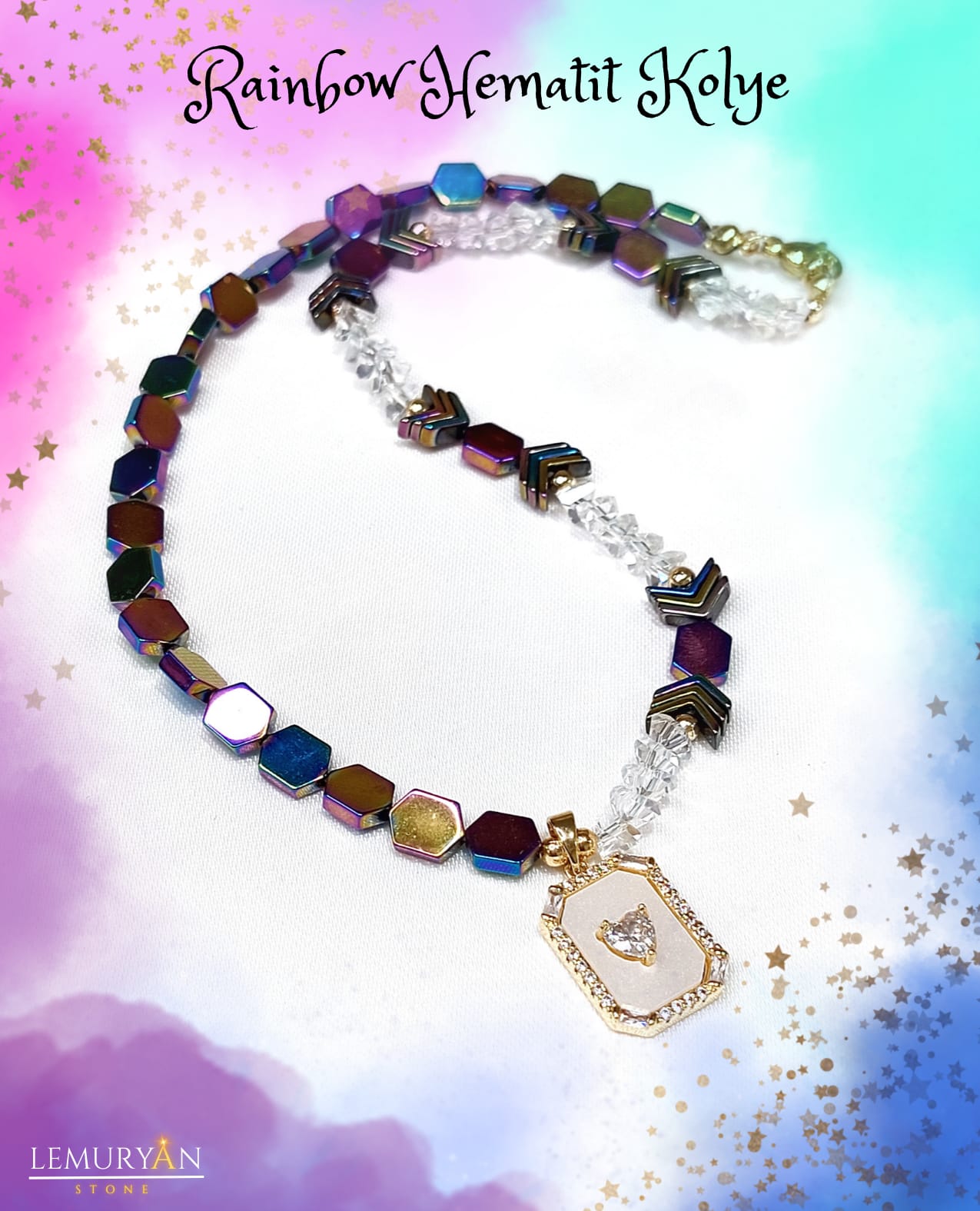 Rainbow Hematit Kadın Tasarım Doğaltaş Kolye 