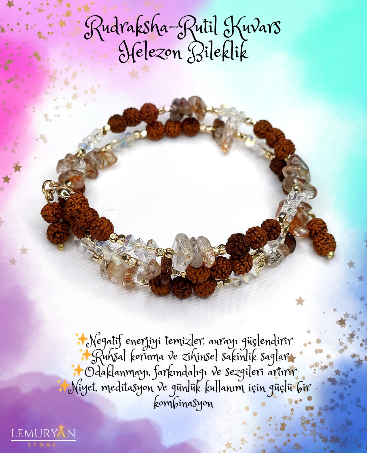 Rudraksha & Rutil Kuvars Helezon Tel Tasarım Bileklik 