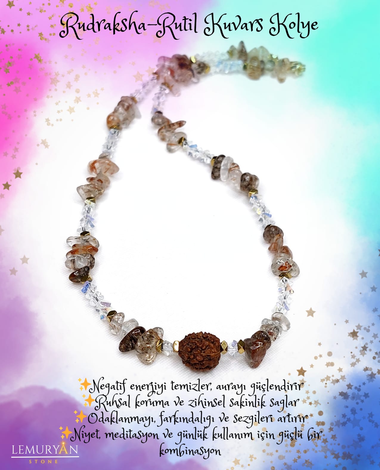 Rudraksha & Rutil Kuvars Kadın Tasarım Kolye