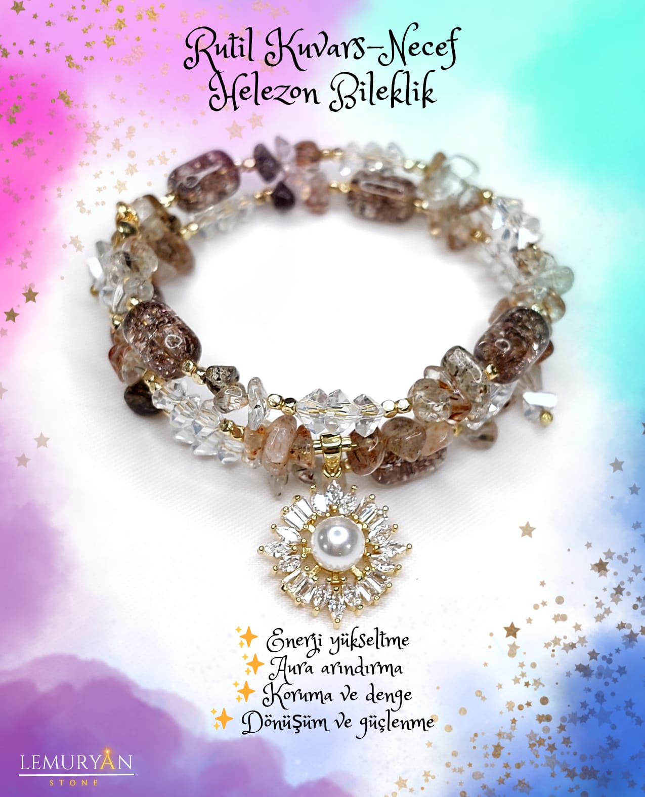 Rutil Kuvars & Necef Taşı Helezon Tel Kadın Tasarım Bileklik