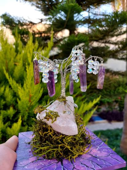 Ametist Enerji Ağacı | Tel Sarma Kristal Bonsai | Pembe Kuvars Tabanlı Doğal Taş Meditasyon Ağacı | Reiki ve Feng Shui Dekoru