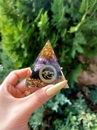 Ametist & Obsidyen Eye Of Horos Gold Orgonit Piramit