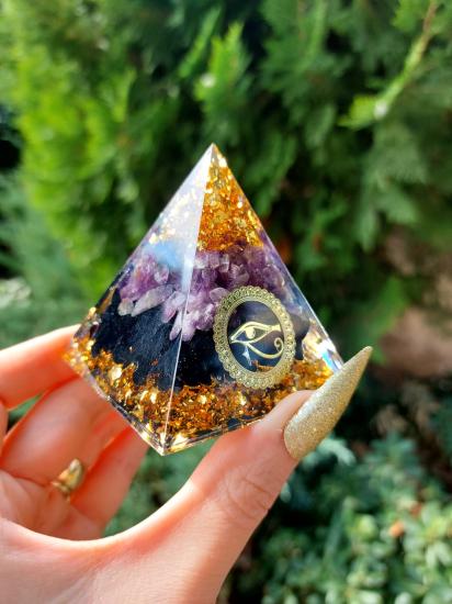 Ametist & Obsidyen Eye Of Horos Gold Orgonit Piramit