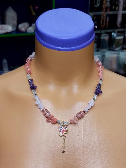 Ametist - Pembe kuvars- Çilek Kuvars- Necef Kadın Tasarım Kolye