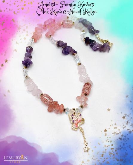 Ametist - Pembe kuvars- Çilek Kuvars- Necef Kadın Tasarım Kolye
