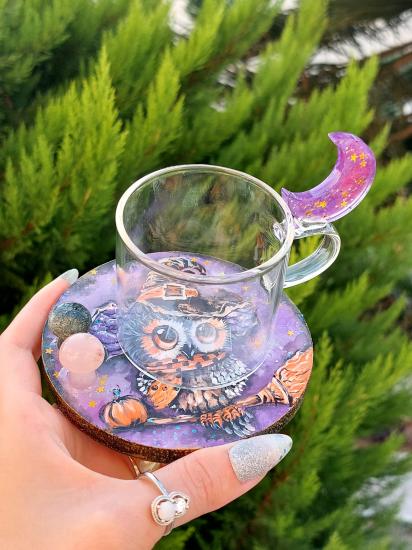 Mistik Baykuş Figürlü Pembe Kuvars & Yeşil Jasper Taşlı Kahve Fincanı